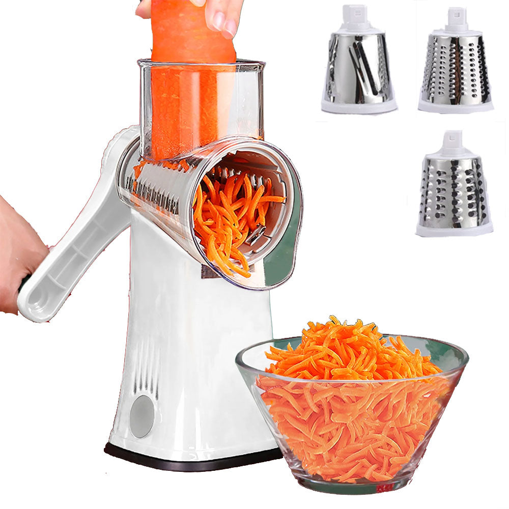 Rotary Cheese Grater, Kitchen Mandoline Vegetable Slicer with 3 Interchangeable Blades White