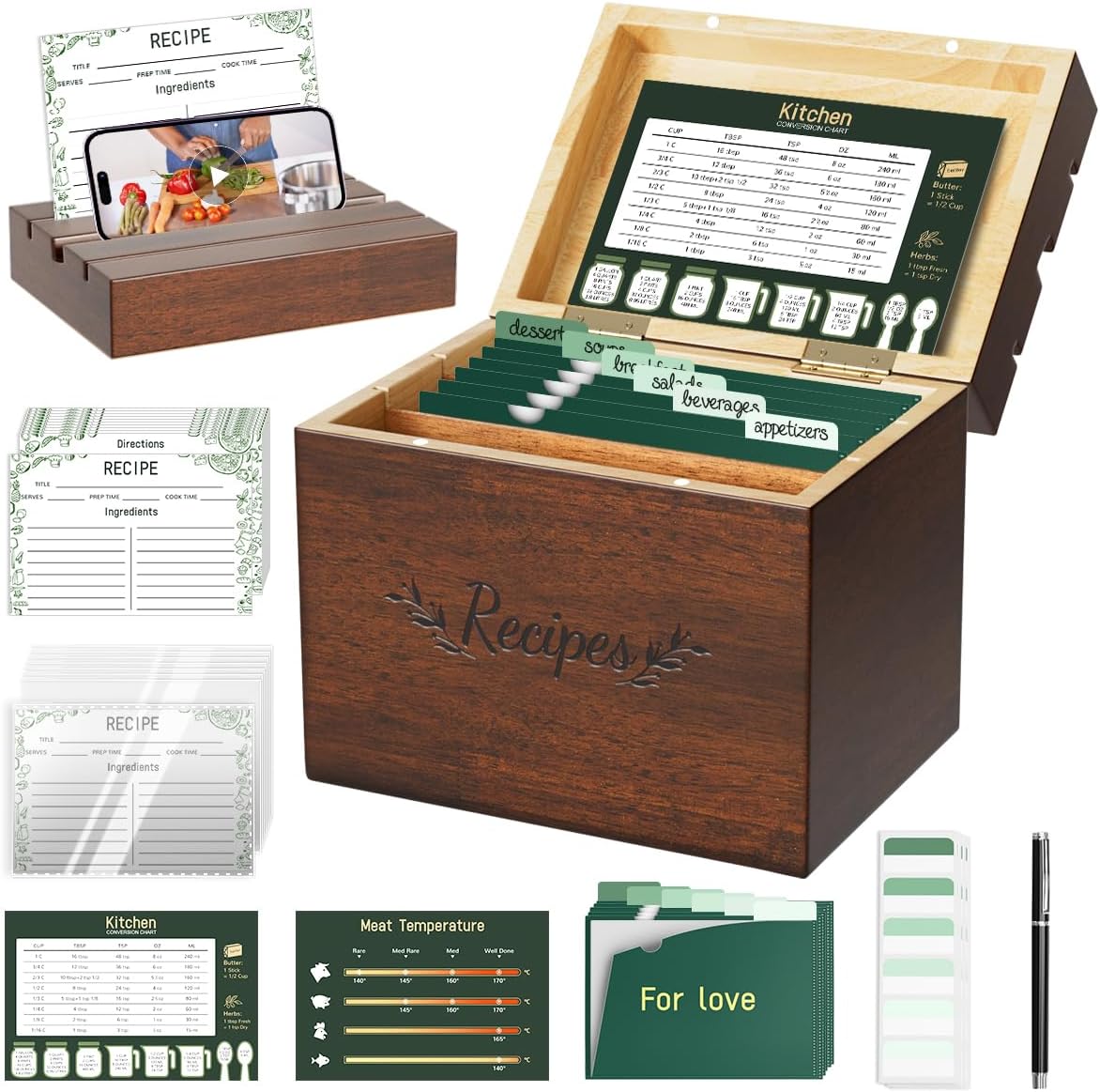 Wooden Recipe Box with 100 Recipe Cards with Protectors and 24 Divider Tabs with Meat
