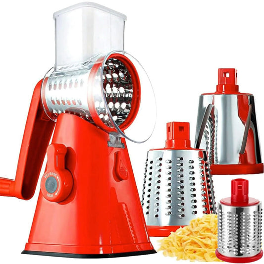 Geedel Rotary Cheese Grater, Kitchen Mandoline Vegetable Slicer with 3 Interchangeable Blades Red