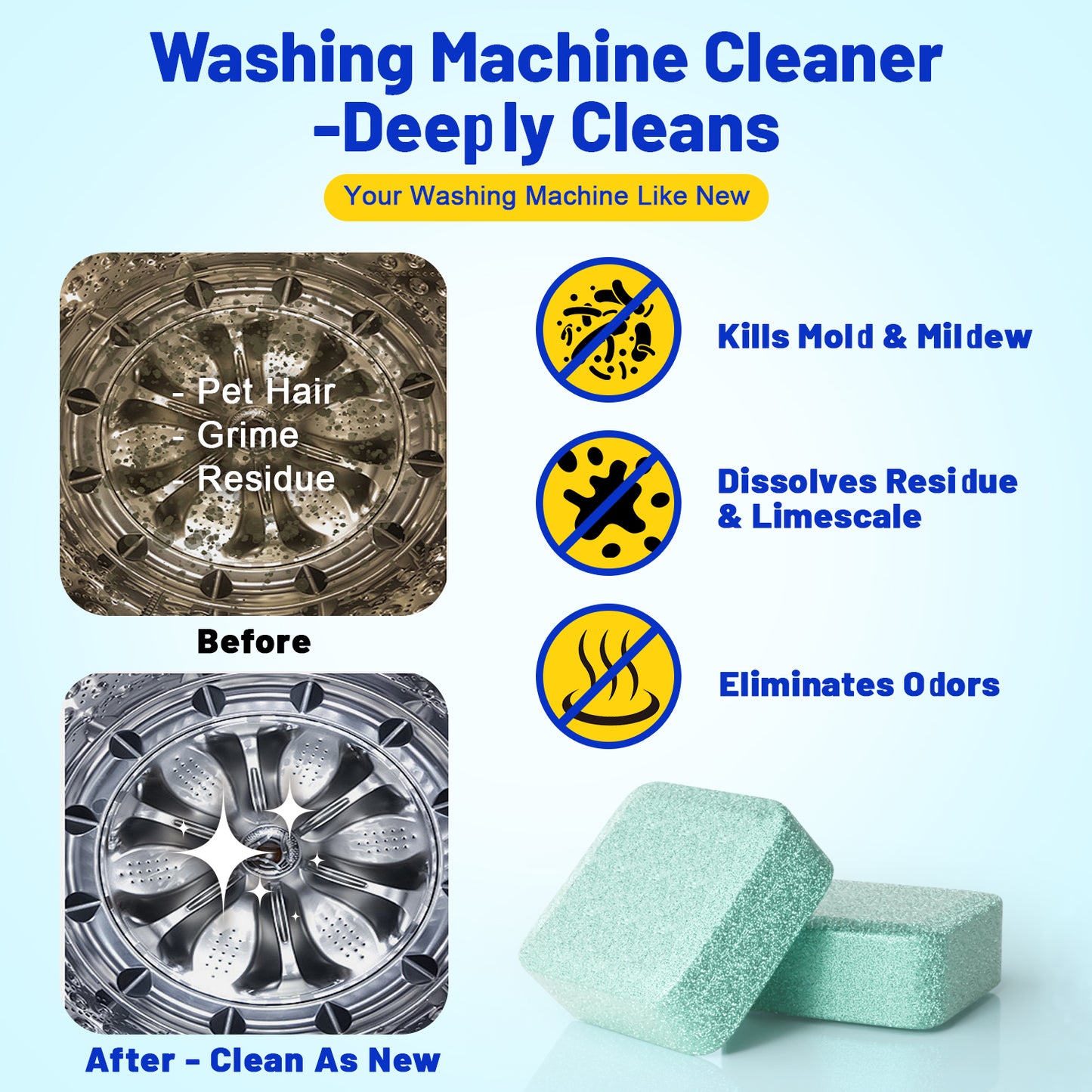 Washing Machine Cleaner Lemon Flavor 30 Pack, Formulated for Pet Owners | Compatible with HE, Top & Front Load Washer | Septic Safe | Fresh Scent | Removes Residue | Remove Stubborn Pet Hair