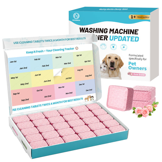 Washing Machine Cleaner Rose Flavor 30 Pack, Formulated for Pet Owners | Compatible with HE, Top & Front Load Washer | Septic Safe | Fresh Scent | Removes Residue | Remove Stubborn Pet Hair