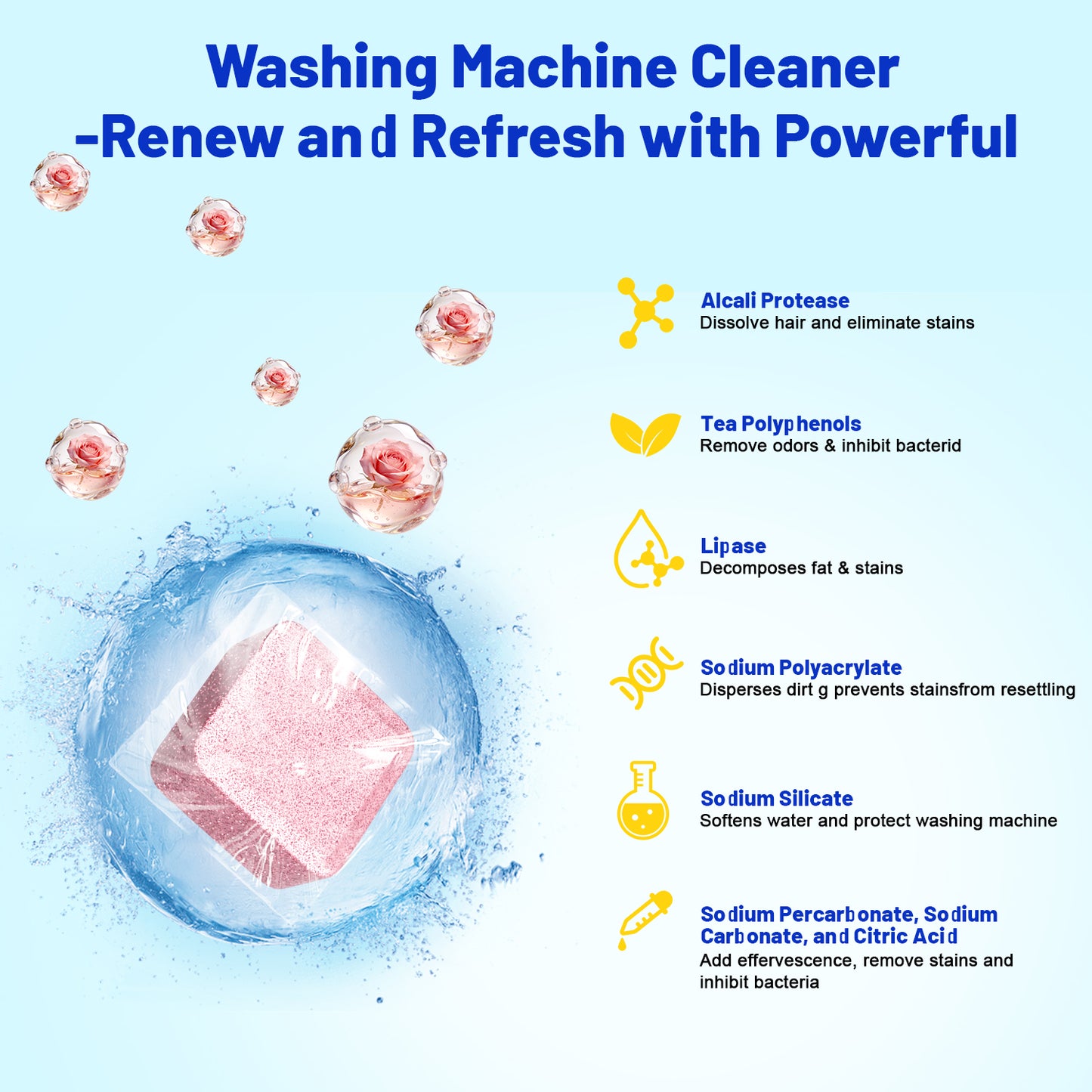 Washing Machine Cleaner Rose Flavor 30 Pack, Formulated for Pet Owners | Compatible with HE, Top & Front Load Washer | Septic Safe | Fresh Scent | Removes Residue | Remove Stubborn Pet Hair