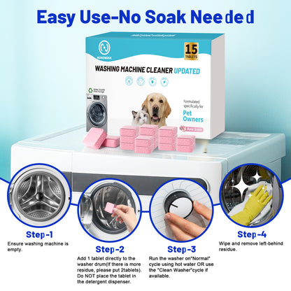 Washing Machine Cleaner Rose flavor 15 Pack, Formulated for Pet Owners | Compatible with HE, Top & Front Load Washer | Septic Safe | Fresh Scent | Removes Residue | Remove Stubborn Pet Hair