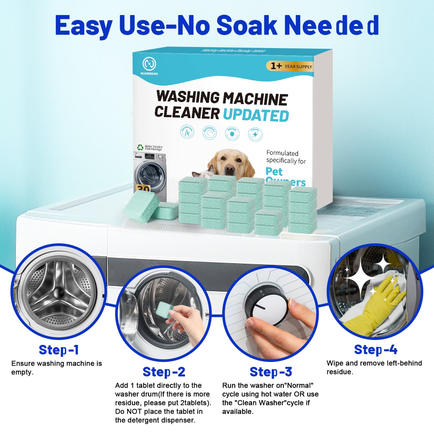 Washing Machine Cleaner Lemon Flavor 30 Pack, Formulated for Pet Owners | Compatible with HE, Top & Front Load Washer | Septic Safe | Fresh Scent | Removes Residue | Remove Stubborn Pet Hair