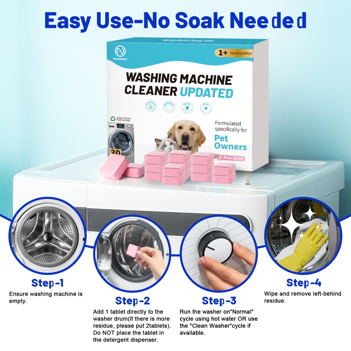 Washing Machine Cleaner Rose Flavor 30 Pack, Formulated for Pet Owners | Compatible with HE, Top & Front Load Washer | Septic Safe | Fresh Scent | Removes Residue | Remove Stubborn Pet Hair
